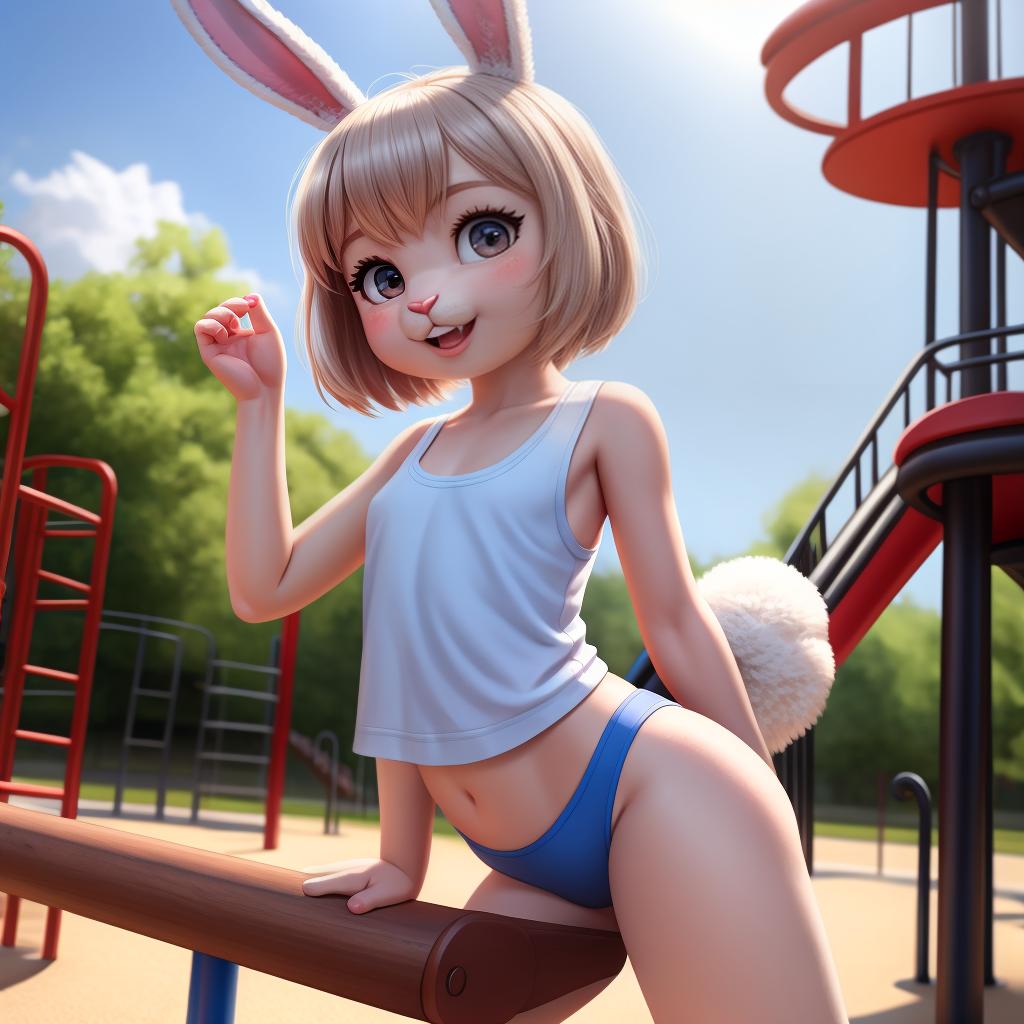  Female bunny anthro, hot, tank top, mini , no , bunny tail, full body, , young, lewd, in view, over, playground, open eyes, masterpiece, 4k, fine details,