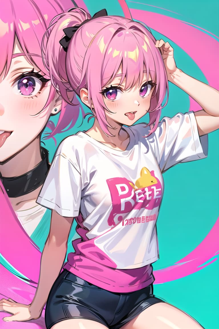  r 18, , middle , pink haired ,ponytail,large eyes,t shirts, , tongue