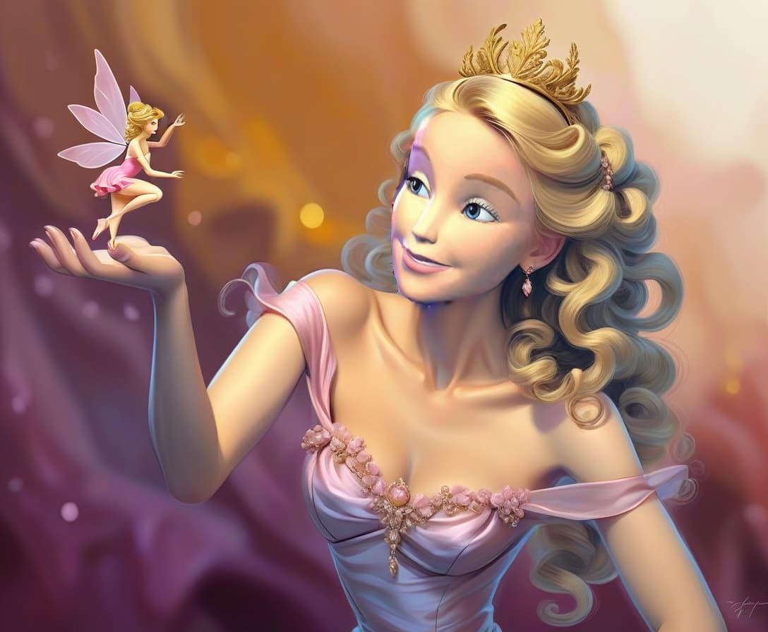  concept art young , luxurious golden hair, romantic pink dress, gold jewelry in hair, large curls, holding a fairy on hand, modernity . digital artwork, ilrative, painterly, matte painting, highly detailed