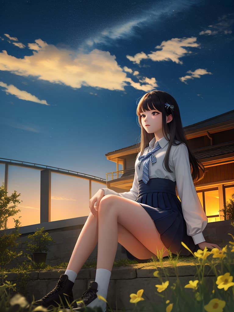  youth, high school student, night sky, sitting on the lawn, masterpiece, best quality,8k,ultra detailed,high resolution,an extremely delicate and beautiful,hyper detail