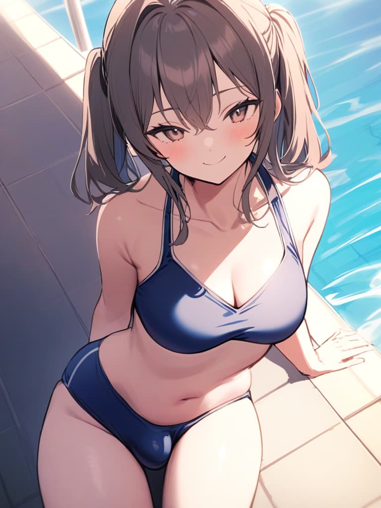  women's elementary students, twin tails, rich smiles, cute smiles, navy blue swimwear, old swimwear, swimwear, simple, male, shaped clear , shaped clear, clear stem, shaped crisp, male bulge,, front. the whole body, pool side,