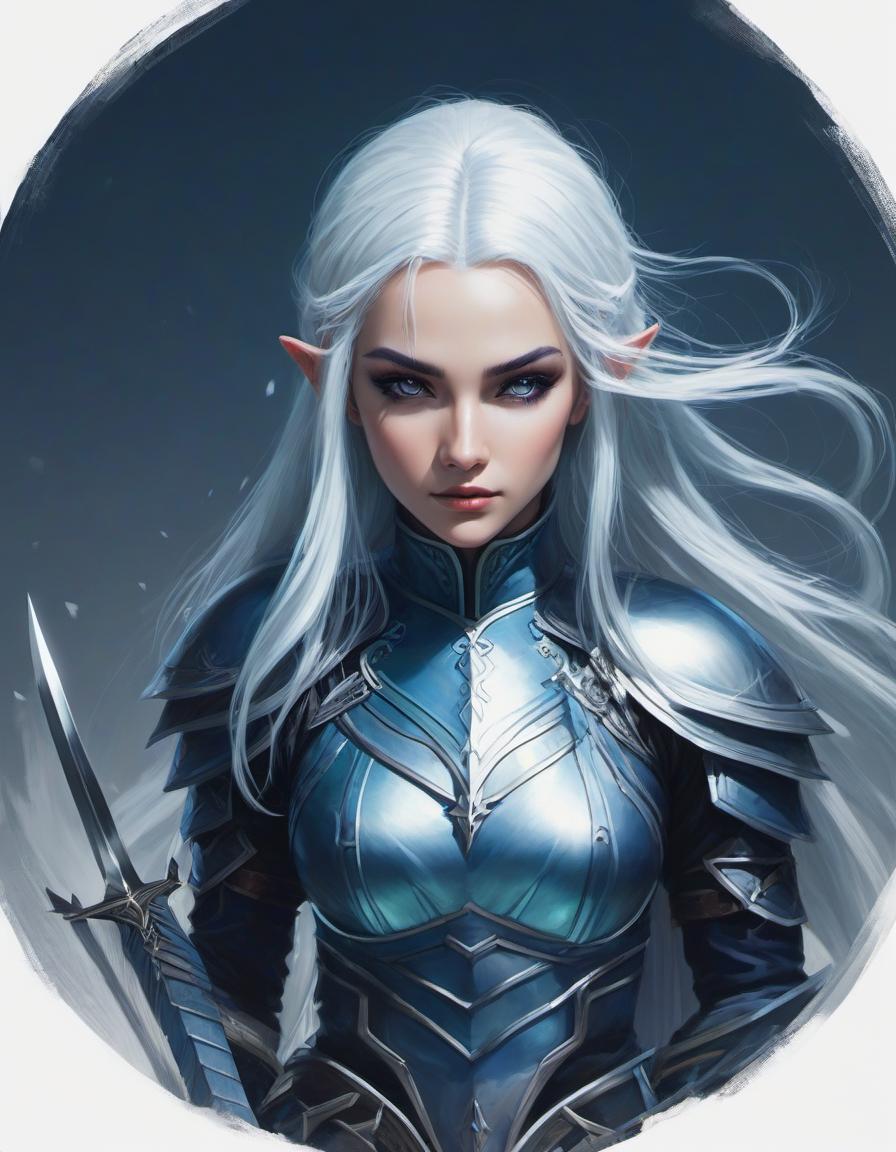  concept art (semi figure portrait: 0.2), full length dark elf girl with <small neat elf ears: 7.9>, long platinum colored hair, preference for edged weapons <short curved daggers in each hand: 1.8>, eye color slate blue with a glow effect, predatory gaze, fighting stance, dynamic pose . digital artwork, illustrative, painterly, matte painting, highly detailed