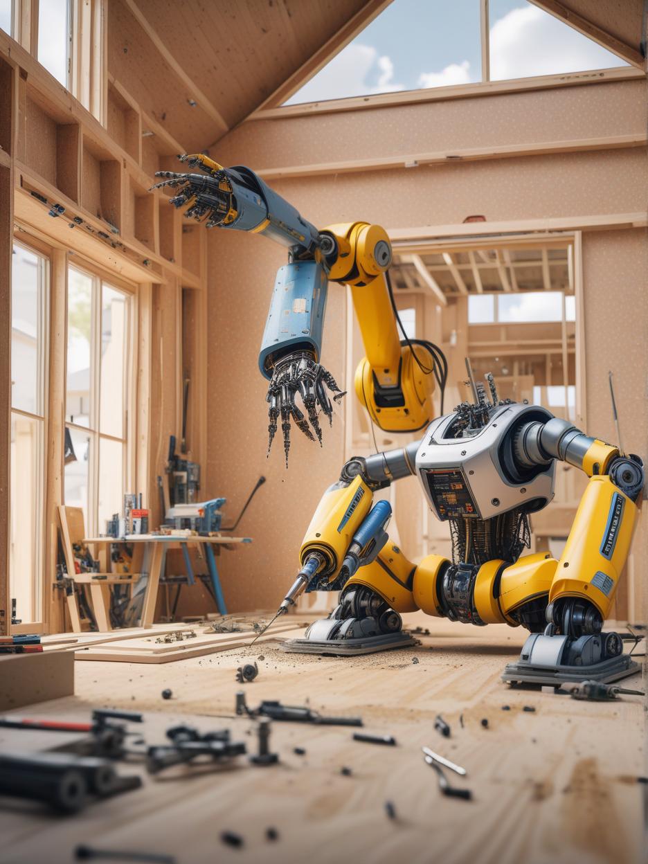  realistic looking robots working to frame a house one of the robots accidentally nails his foot to the floor with a nail gun