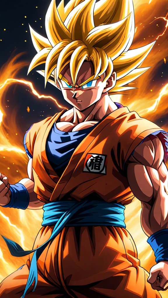  anime art of goku from dragon ball combining kaioken with super saiyan transformation, glowing with immense power hyperrealistic, full body, detailed clothing, highly detailed, cinematic lighting, stunningly beautiful, intricate, sharp focus, f/1. 8, 85mm, (centered image composition), (professionally color graded), ((bright soft diffused light)), volumetric fog, trending on instagram, trending on tumblr, HDR 4K, 8K