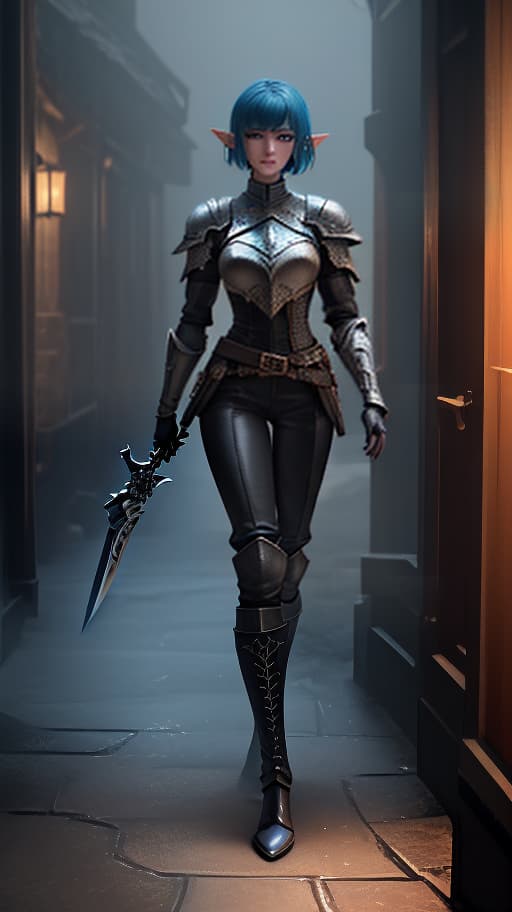  An elf thief in a closed leather armor walks down a dark alley with a knife in hand. Short hair. Legs are in trousers and boots. is covered. Small s., (Extremely Detailed Oil Painting:1.2), glow effects, godrays, Hand drawn, render, 8k, octane render, cinema 4d, blender, dark, atmospheric 4k ultra detailed, cinematic sensual, Sharp focus, humorous ilration, big depth of field, Masterpiece, colors, 3d octane render, 4k, concept art, trending on artstation, hyperrealistic, Vivid colors, extremely detailed CG unity 8k wallpaper, trending on ArtStation, trending on CGSociety, Intricate, High Detail, dramatic hyperrealistic, full body, detailed clothing, highly detailed, cinematic lighting, stunningly beautiful, intricate, sharp focus, f/1. 8, 85mm, (centered image composition), (professionally color graded), ((bright soft diffused light)), volumetric fog, trending on instagram, trending on tumblr, HDR 4K, 8K