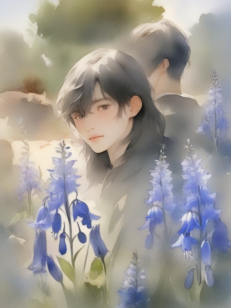  masterpiece,solo,(((one male:1.7))),delicate brown hair color,(((short hair))),delicate blue eye color,gently smiling,(((larynx:1.2))),桔梗の花,(((bellflowers:1.2))),high quality,16k