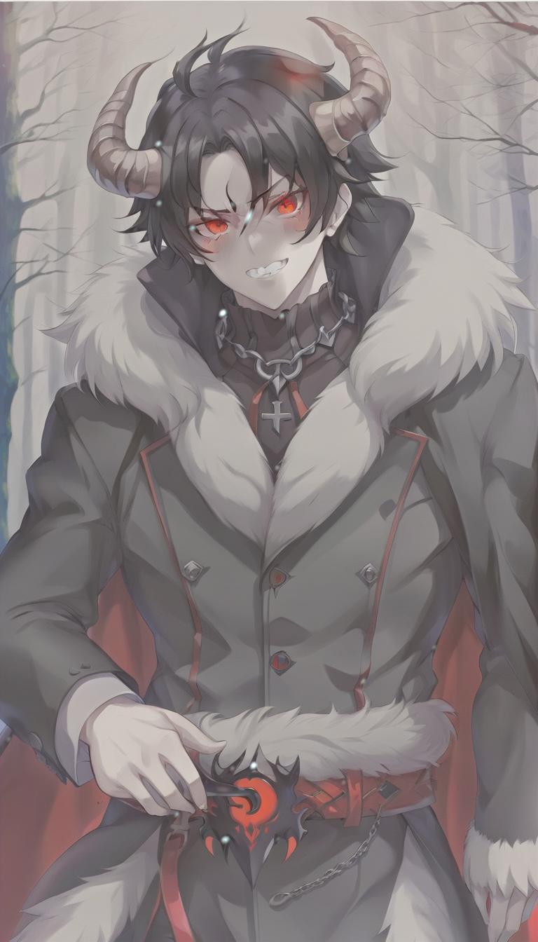  anime artwork man demon, white skin. red eyes, black hair, red horns, black fur coat, dense forest in the background . anime style, key visual, vibrant, studio anime, highly detailed