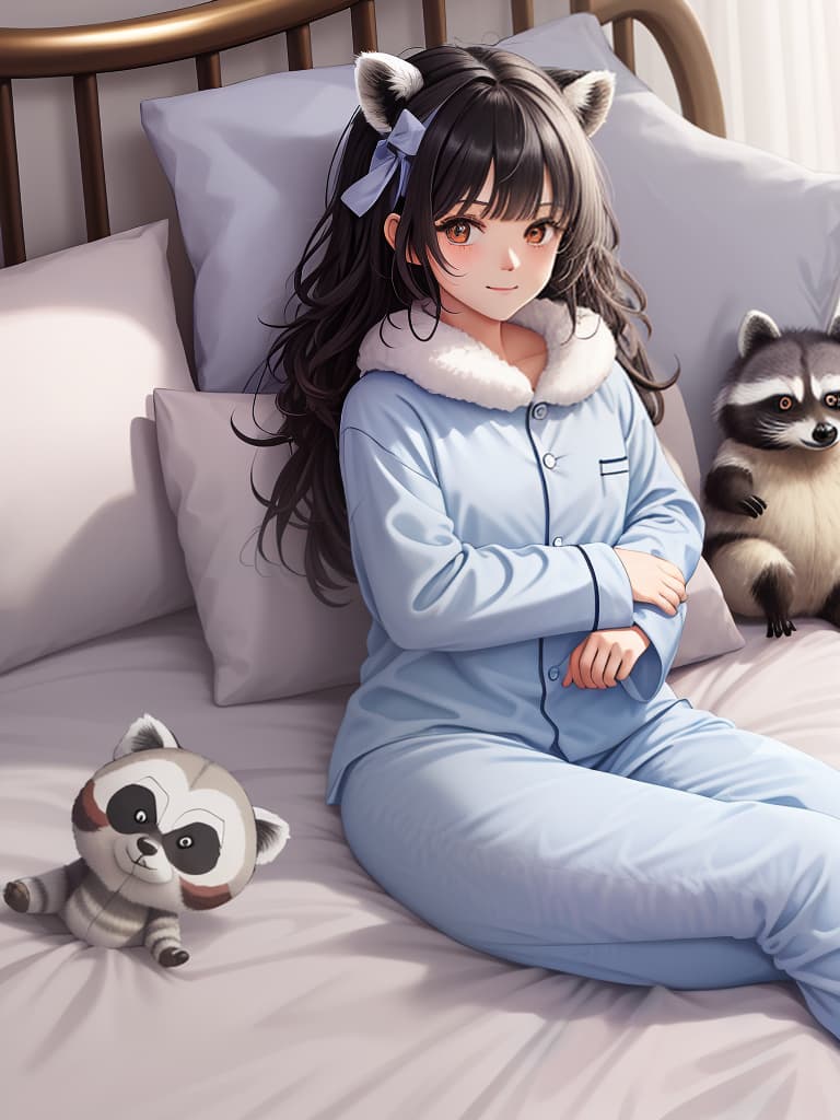  cute raccoon,in pajamas,in bed from holding a pillow,time to say goodnight,