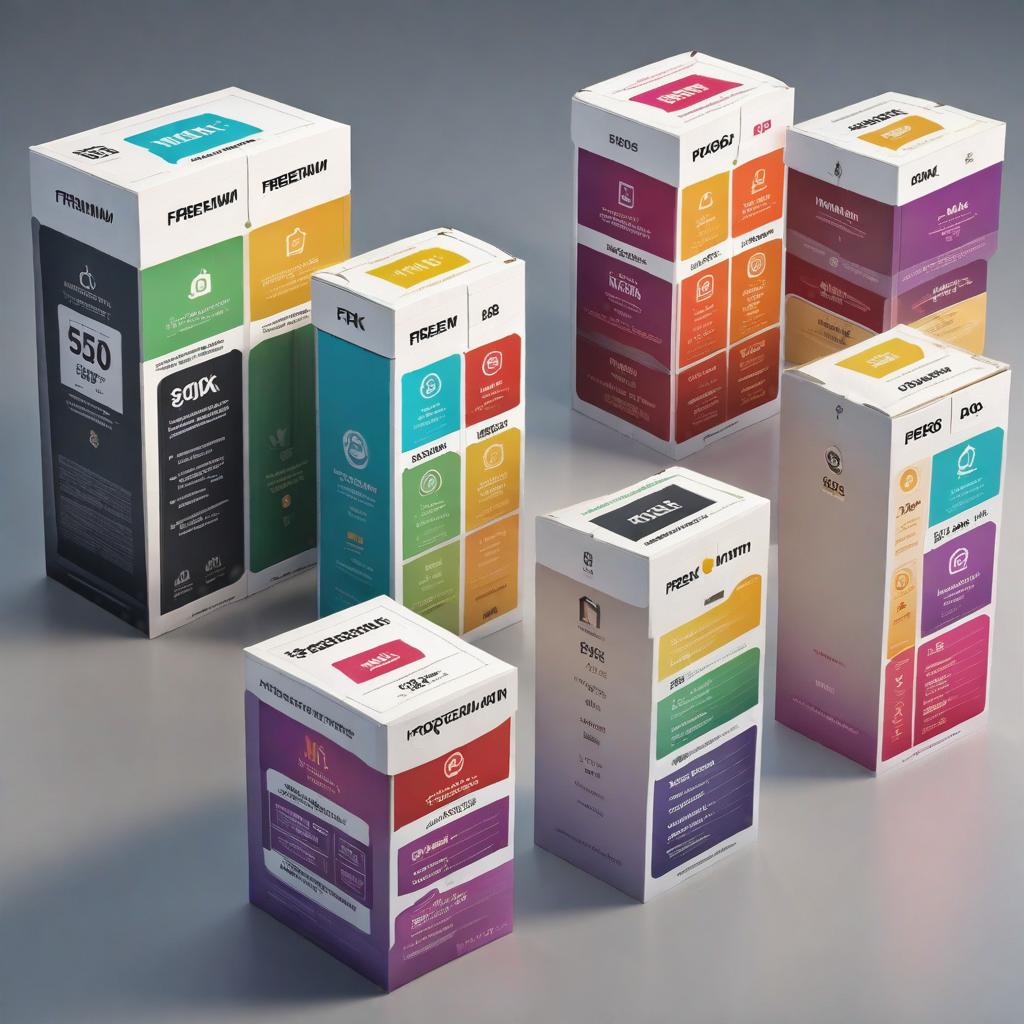  an image depicting various pricing packages, presented as neat boxes with clear labels like 'freemium', 'basic', and 'premium'. each package should have short descriptions and icons representing the features, arranged in a visually appealing way, ((ink)) hyperrealistic, full body, detailed clothing, highly detailed, cinematic lighting, stunningly beautiful, intricate, sharp focus, f/1. 8, 85mm, (centered image composition), (professionally color graded), ((bright soft diffused light)), volumetric fog, trending on instagram, trending on tumblr, HDR 4K, 8K