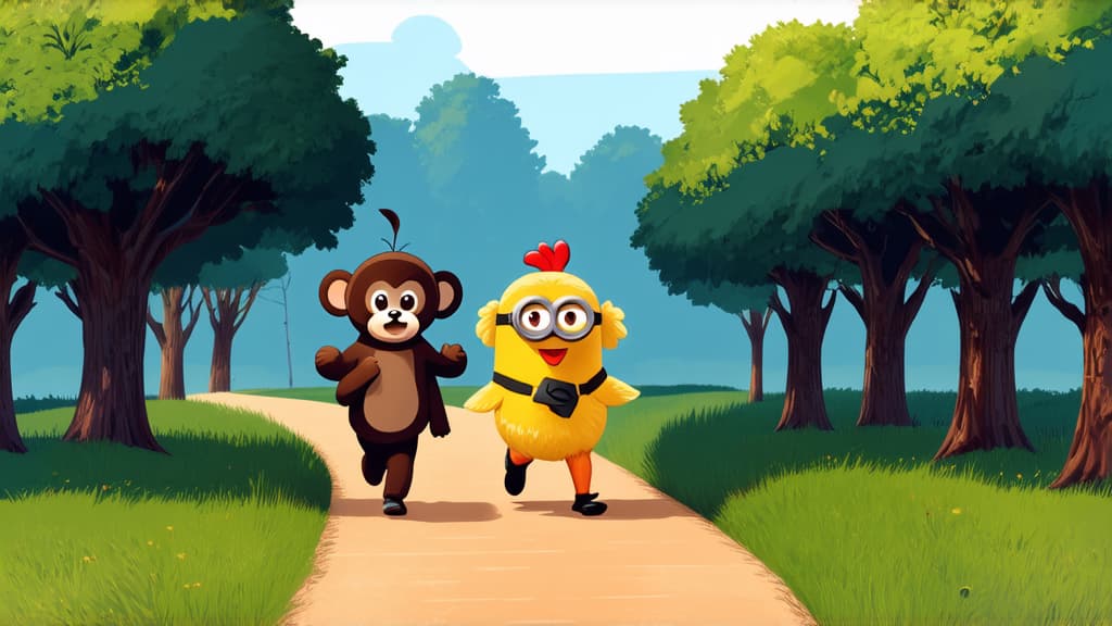  flat illustration, flaticon, (illustration:1.15), one person in a cheburashka costume, the second person in a minion costume, the third person in a chicken costume are running along a path among green trees ar 16:9, [cory loftis, strobist, pascal campion :: 0.2]