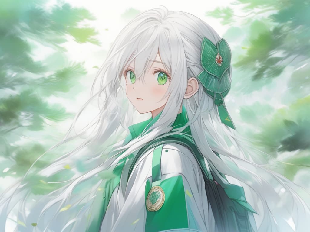  white hair, right eye green, rolled hair, uniform, green, student, masterpiece, best quality,8k,ultra detailed,high resolution,an extremely delicate and beautiful,hyper detail