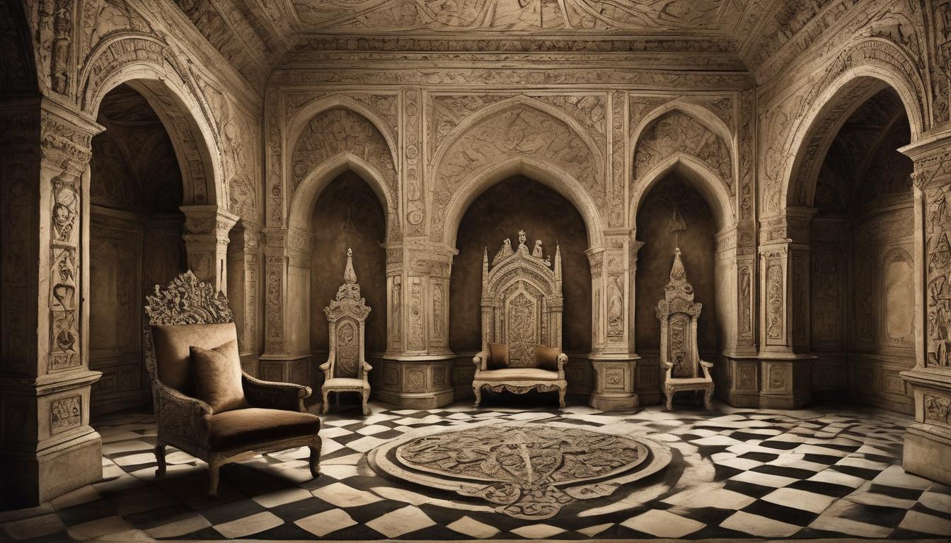  on parchment, surrealism++, a regal throne in a dimly lit, grand hall, empty and gathering dust, elaborate carvings, rich velvet, sense of abandonment and potential(mysterious, provocative, symbolic)++