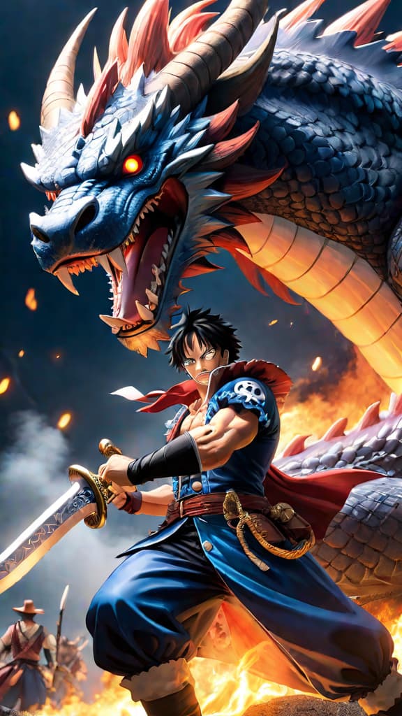  an anime art depicting celestial dragons in one piece possessing ancient weapons or secret techniques. hyperrealistic, full body, detailed clothing, highly detailed, cinematic lighting, stunningly beautiful, intricate, sharp focus, f/1. 8, 85mm, (centered image composition), (professionally color graded), ((bright soft diffused light)), volumetric fog, trending on instagram, trending on tumblr, HDR 4K, 8K