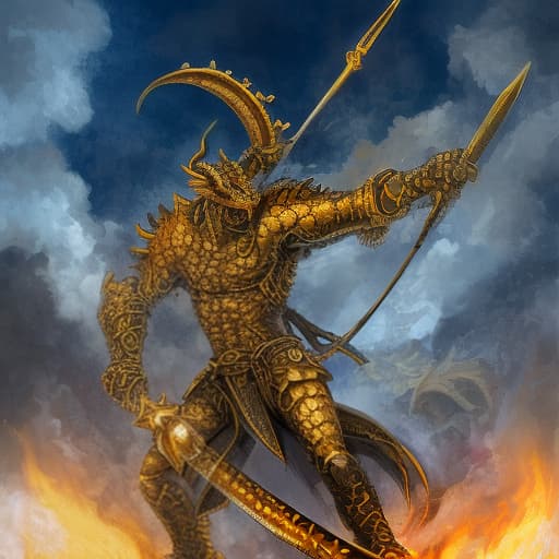 dvarchmodern arthropomorphic dragon barbarian, without wings, covered with golden scales, eyes burn yellow, in hand a huge sword, in the district everything is on fire.