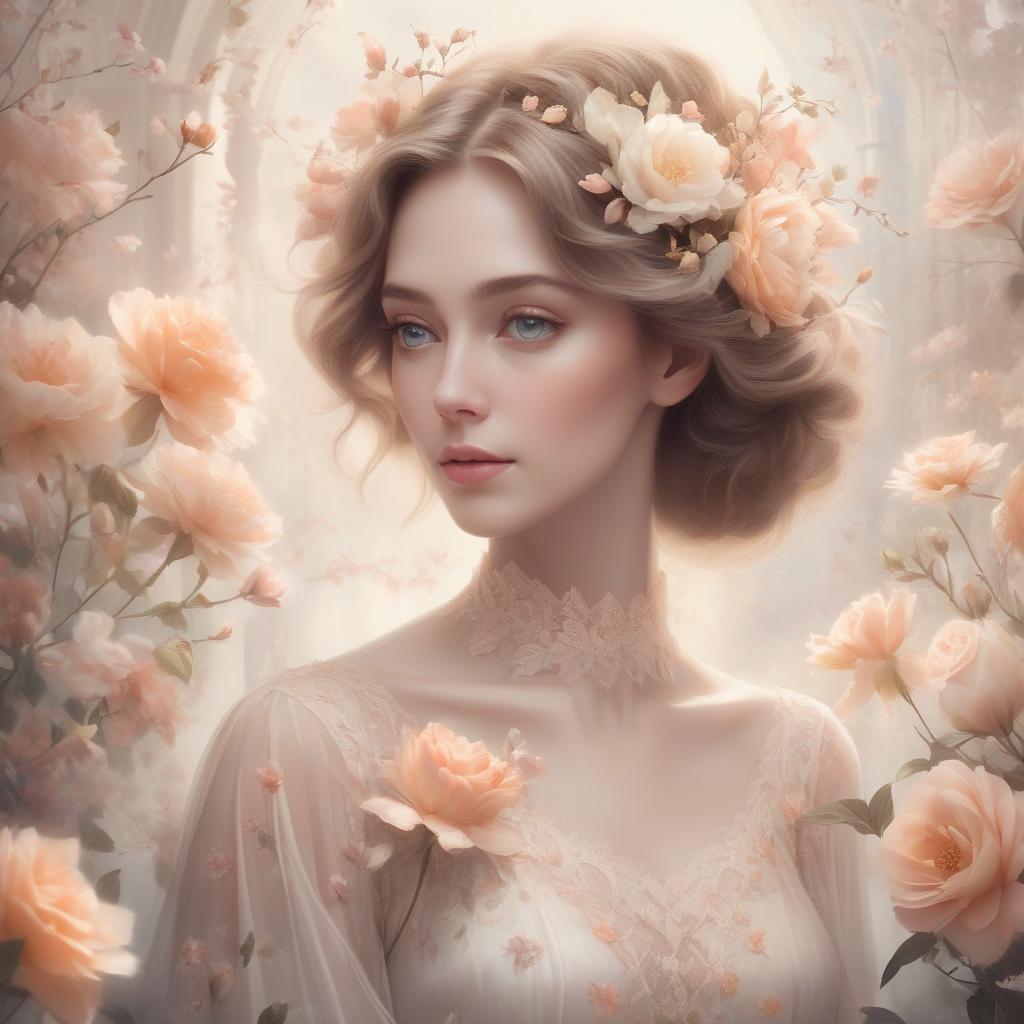  concept art a dreamy portrait of a woman surrounded by a soft floral motif, exuding a serene, ethereal beauty. mrs. robinson, you’re trying to seduce me. aren’t you? portrait of a stunning lady in a serene magical ethereal floral arrangement with soft focus and delicate transparent petals, cream and peach colored lace, a touch of dreamy soft tones, misty background, a perfect masterpiece . digital artwork, illustrative, painterly, matte painting, highly detailed