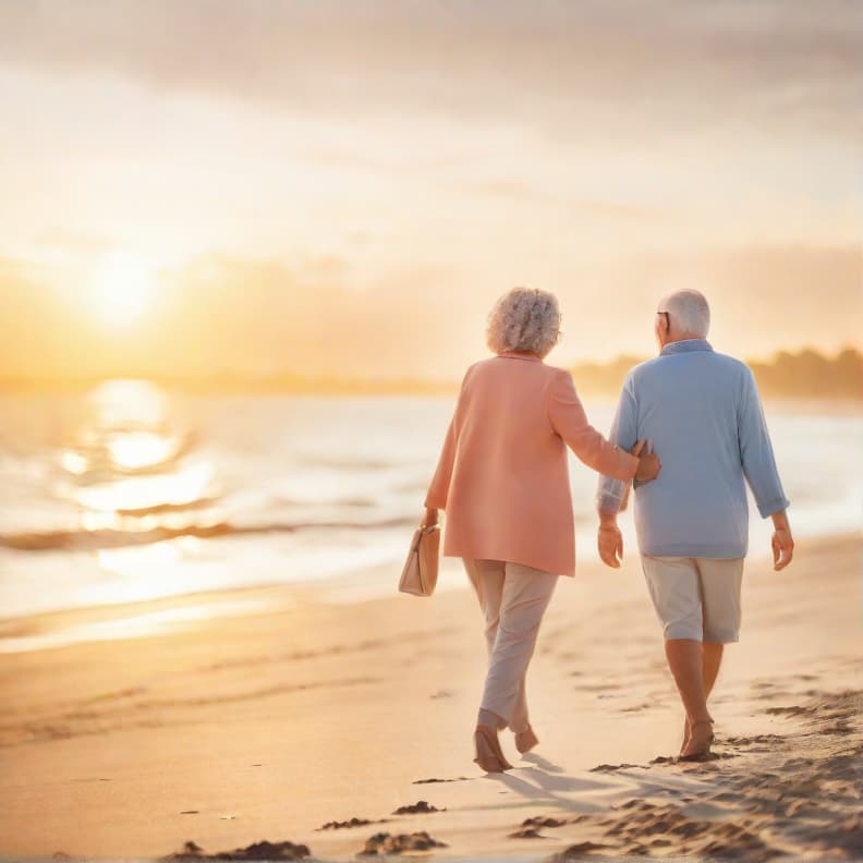  a happy, retired couple enjoying a sunset walk on the beach or in a beautiful park setting, symbolizing financial freedom and a relaxed lifestyle.