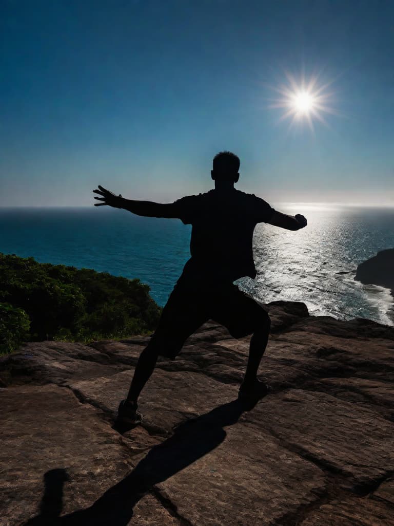  Close up of the silhouette of a man doing Thai Chi on a cliff overlooking the ocean with a sunrise in the background. RAW, realistic