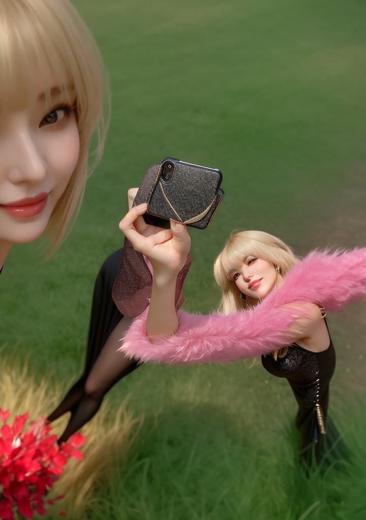  a young woman with soft, harmonious features. she has fair skin and light blonde hair, long with bangs framing her face. she is wearing a simple, elegant black dress that adds a touch of sophistication and grace. in the picture, she is taking a selfie while holding her phone confidently, with a subtle smile that adds a hint of spontaneity and charm. the background is simple, focusing attention on her natural beauty, and the lighting is soft and natural, enhancing the realistic feel. hyperrealistic, full body, detailed clothing, highly detailed, cinematic lighting, stunningly beautiful, intricate, sharp focus, f/1. 8, 85mm, (centered image composition), (professionally color graded), ((bright soft diffused light)), volumetric fog, trending on instagram, trending on tumblr, HDR 4K, 8K