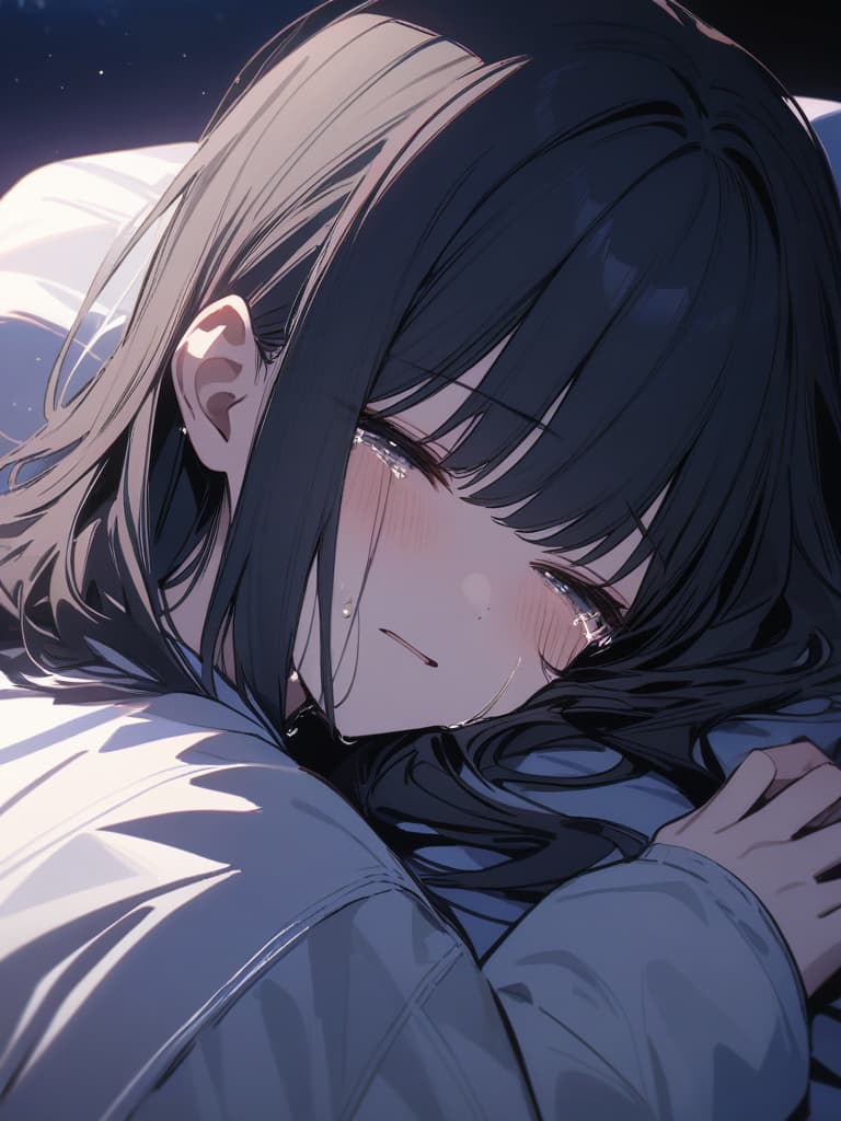  hair tip blue, black hair, short hair, braided ears, short hair, blue, illness, dark, night, depression, crying, masterpiece, best quality,8k,ultra detailed,high resolution,an extremely delicate and beautiful,hyper detail