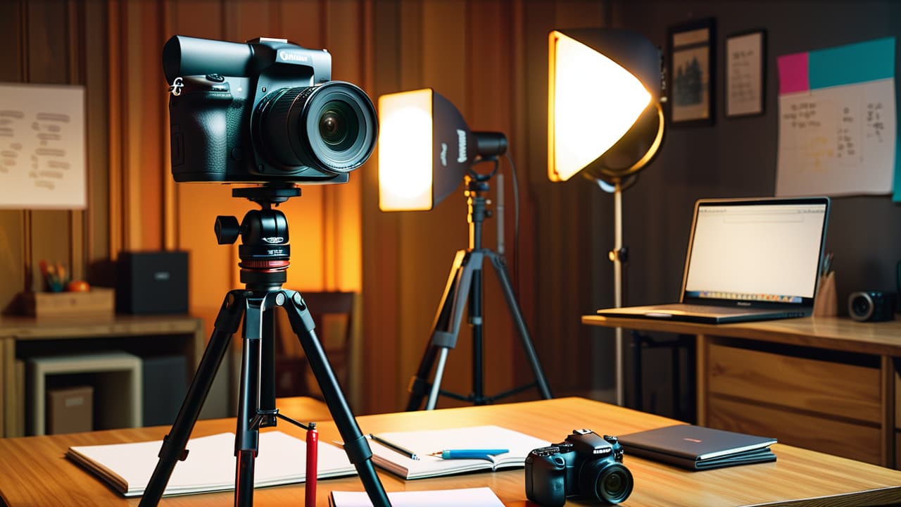  a serene photography studio setting with a professional camera on a tripod, a softbox illuminating a model, a laptop displaying a pricing table, and a notepad with sketches of creative ideas scattered on a wooden table. hyperrealistic, full body, detailed clothing, highly detailed, cinematic lighting, stunningly beautiful, intricate, sharp focus, f/1. 8, 85mm, (centered image composition), (professionally color graded), ((bright soft diffused light)), volumetric fog, trending on instagram, trending on tumblr, HDR 4K, 8K