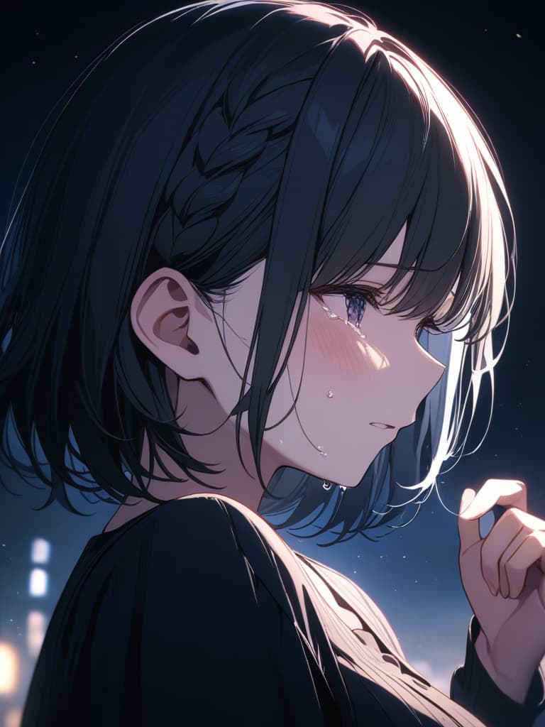  black hair, hair tip blue, short hair, short hair, braided ears, dark, night, crying, illness, masterpiece, best quality,8k,ultra detailed,high resolution,an extremely delicate and beautiful,hyper detail