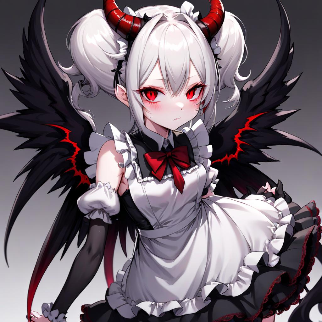  anime, maid, girl, demon, succubus, anime blush, red eyes, white skin, white hair, black lamb horns, huge demonic black wings, black tail, monotonous light background