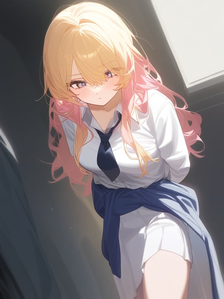  1girl,(blonde:1.2),(pink hair mesh:1.1),high school student,to tie one’s jacket around one’s waist,side tail,long hair,valley girl,hanging eyes,school uniform