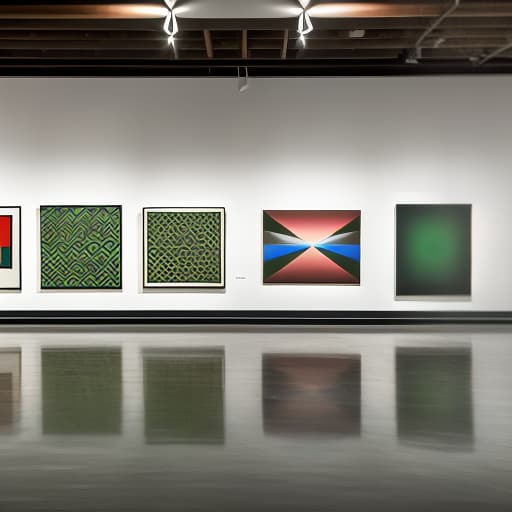 dvarchmodern art gallery, dimmed light, lighting on the paintings on the walls, the color of the walls is dark green with a muffled pattern. one of the foreground paintings, geometric , structural , aesthetic , by julius shulman, andreas gursky, iwan baan, berenice abbott, hiroshi sugimoto