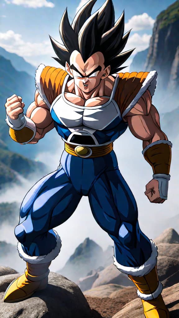  an anime image of vegeta's ultra ego overpowering goku's ultra instinct in a fierce battle. hyperrealistic, full body, detailed clothing, highly detailed, cinematic lighting, stunningly beautiful, intricate, sharp focus, f/1. 8, 85mm, (centered image composition), (professionally color graded), ((bright soft diffused light)), volumetric fog, trending on instagram, trending on tumblr, HDR 4K, 8K