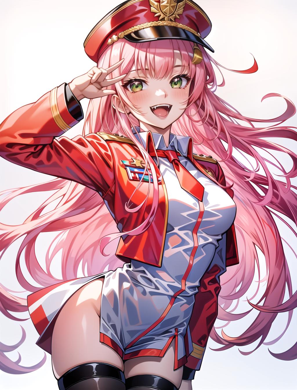  close up, solo, masterpiece, best quality, 1 female, zero two, long straight pink hair, fangs, crazy smile, green eyes, all red military jacket with officer cap, long red thin straight horns, thigh highs