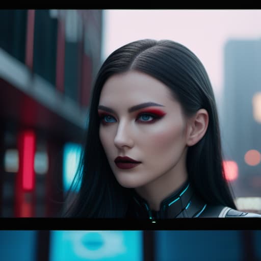  ultra realistic close up portrait ((beautiful pale cyberpunk female with heavy black eyeliner)), blue eyes, shaved side haircut, hyper detail, cinematic lighting, magic neon, dark red city, canon eos r3, nikon, f/1.4, iso 200, 1/160s, 8k, raw, unedited, symmetrical balance, in frame, 8k hyperrealistic, full body, detailed clothing, highly detailed, cinematic lighting, stunningly beautiful, intricate, sharp focus, f/1. 8, 85mm, (centered image composition), (professionally color graded), ((bright soft diffused light)), volumetric fog, trending on instagram, trending on tumblr, HDR 4K, 8K