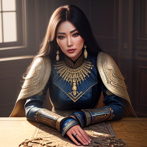   Kazakh , painted , lying on a full size mage table, age 20, large bust. hyperrealistic, full body, detailed clothing, highly detailed, cinematic lighting, stunningly beautiful, intricate, sharp focus, f/1. 8, 85mm, (centered image composition), (professionally color graded), ((bright soft diffused light)), volumetric fog, trending on instagram, trending on tumblr, HDR 4K, 8K