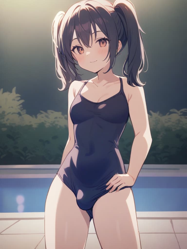  women's elementary students (male), twin tails, cute smiles, (rich s), low stature, dark blue swimwear, old swimwear, , simple (upward), male , (bulge), shaped clear , front , whole body, pool side,