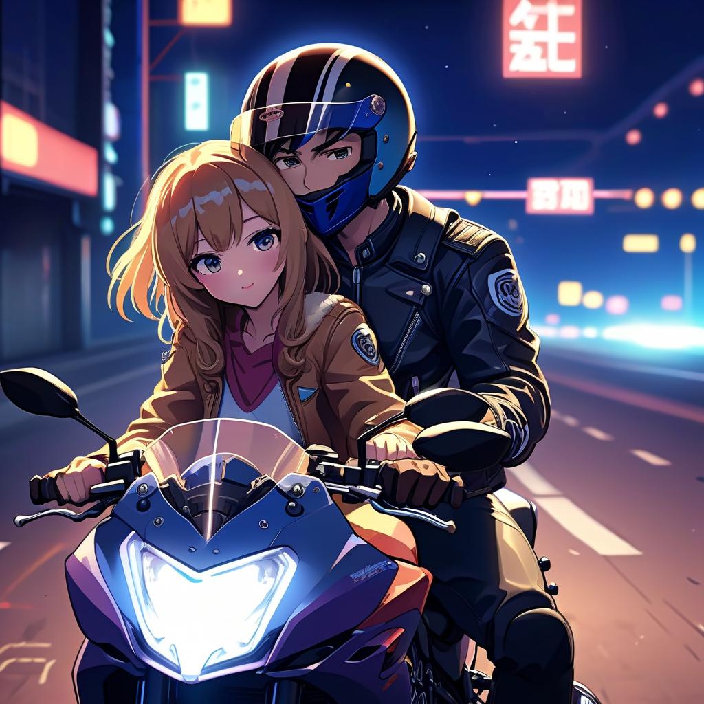  anime artwork at the wheel of a motorcycle sits a guy in a motorcycle helmet, and behind him sits a girl and hugs this guy, against the background of the night lights of an empty track, a picture in motion . anime style, key visual, vibrant, studio anime, highly detailed