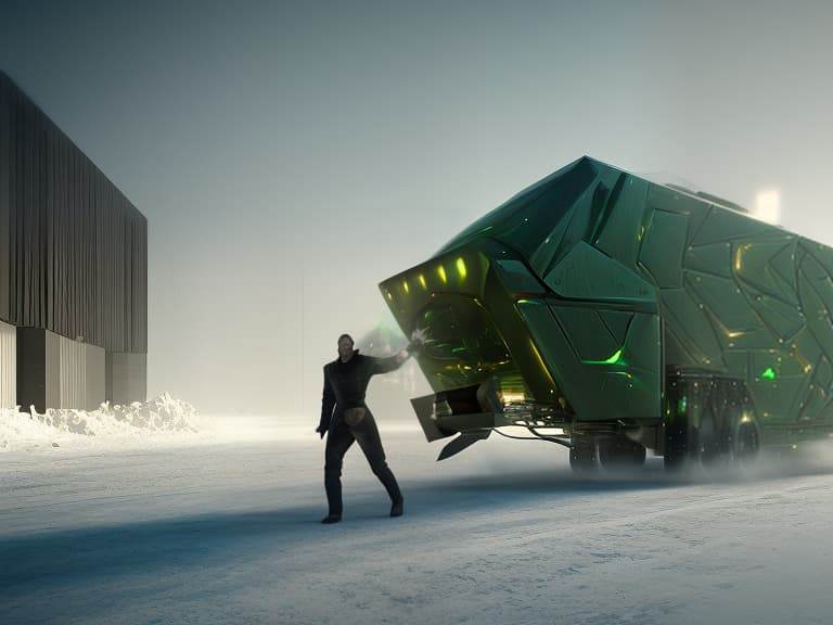 dvarchmodern a human holographic double on a snowplow, epic concept art by barlowe wayne, ruan jia, light effect, volumetric light, 3d, ultra clear detailed, octane render, 8k, dark green