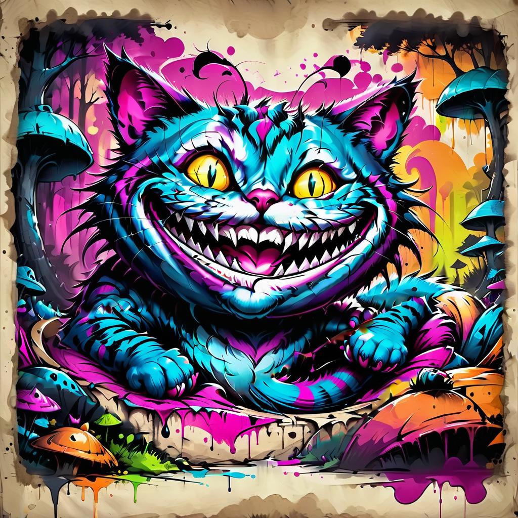  graffiti style cheshire cat smiles . street art, vibrant, urban, detailed, tag, mural, t shirt design, on parchment