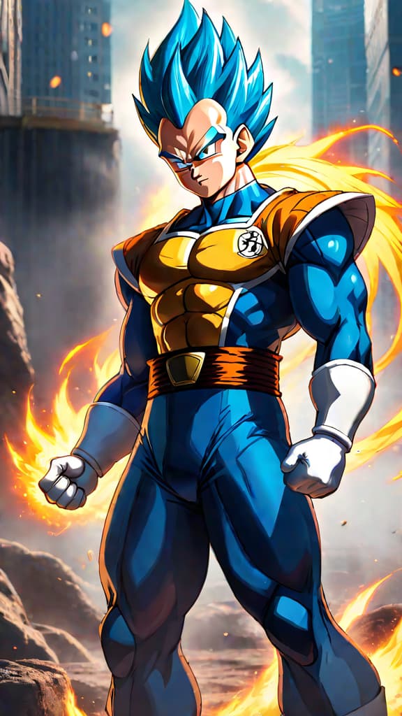  anime art: vegeta's saiyan pride, a tribute to his lost race, born from tragedy and betrayal. hyperrealistic, full body, detailed clothing, highly detailed, cinematic lighting, stunningly beautiful, intricate, sharp focus, f/1. 8, 85mm, (centered image composition), (professionally color graded), ((bright soft diffused light)), volumetric fog, trending on instagram, trending on tumblr, HDR 4K, 8K