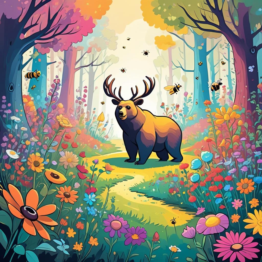  image in the style of a colored comic book, a magical multi colored glade on which colorful flowers grow. there are different animals on the glade: a bear, a deer, very large bees.