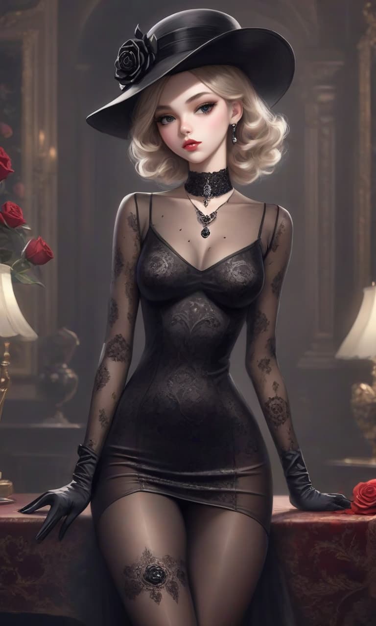  the girl is beautiful in a black tight transparent dress with patterns, black tights, black gloves, a black diamond necklace, a black hat with a black rose. elegant aristocrat, realistic body, realistic clothes.