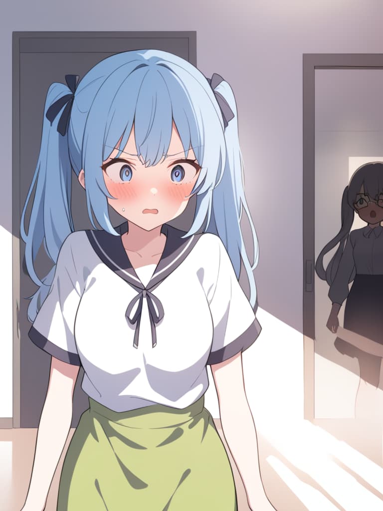  one girl, light blue hair, thin twin tails, (glasses), blush, rooms, (backlight), open room door, confused eyes, hurrying expressions, hurrying, surprising, hurrying. and in a hurry