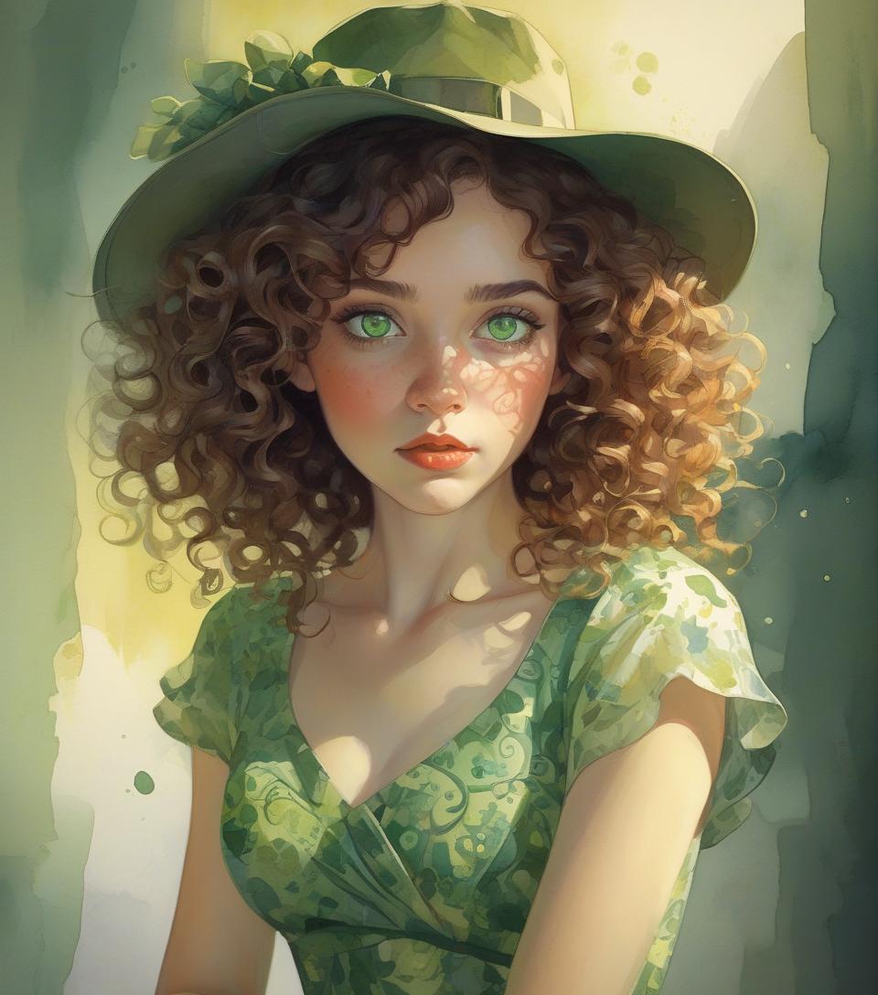  concept art highly detailed, curly brown hair, green eyes, hat, printed dress, vivid colors, watercolor portrait, dramatic light, realistic, by alyssa monks, afarin sajedi, brian kesinger, thomas kinkade, pascal campion, craola. . digital artwork, illustrative, painterly, matte painting, highly detailed