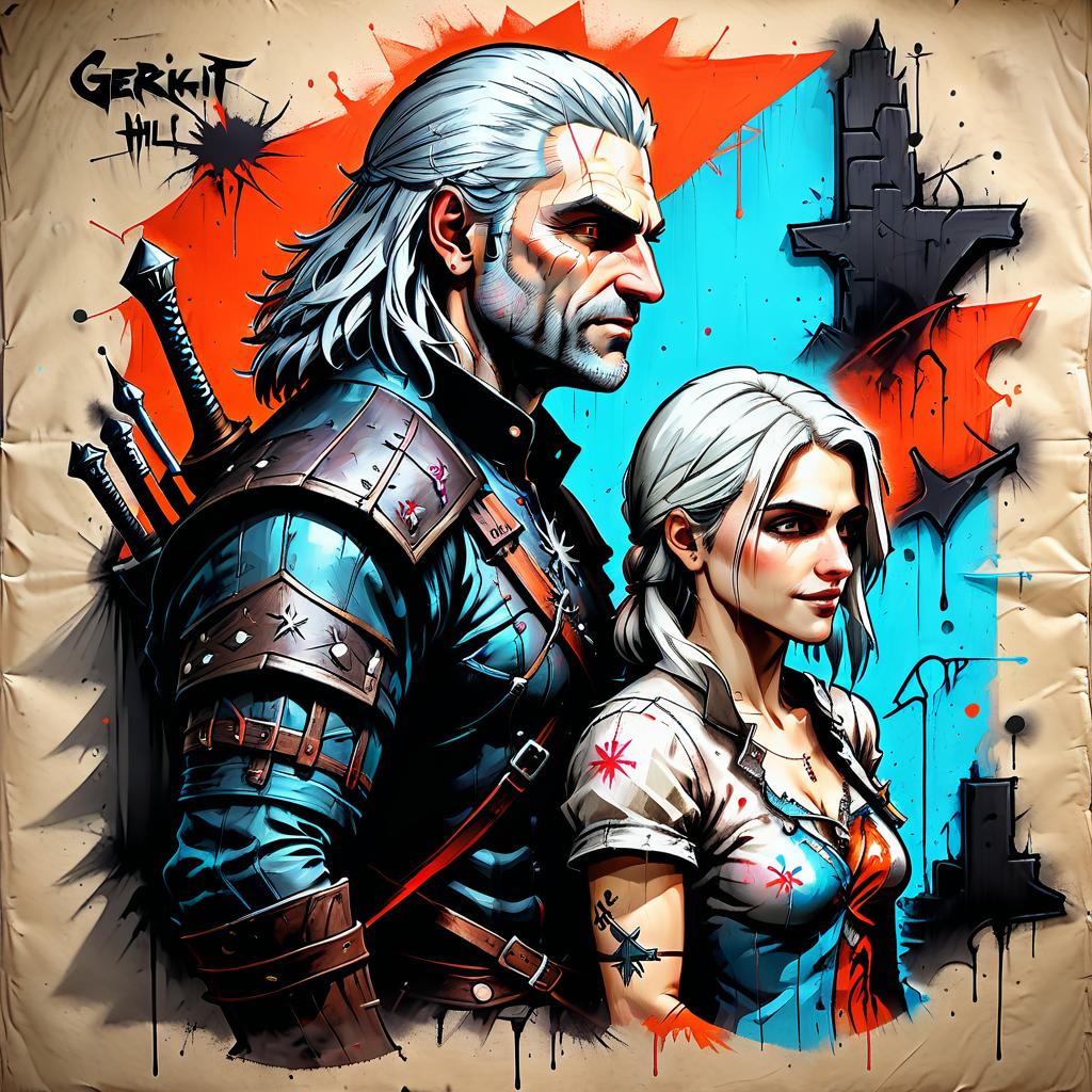  graffiti style geralt and ciri in the style of the game "witcher 3" . street art, vibrant, urban, detailed, tag, mural, t shirt design, on parchment