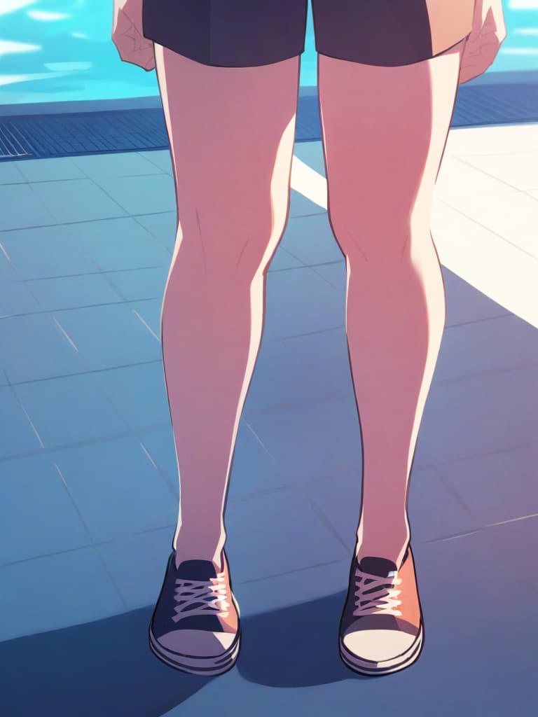   s, twin tails, cute smiles, swimwear, s with (lower body s), , upper man (bulging,), whole body, pool side,