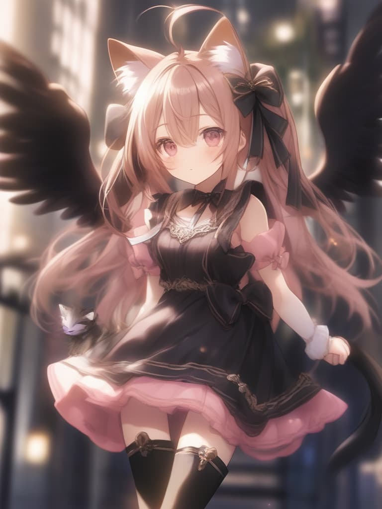  1girl,solo,long hair,blush,looking at viewer,bangs,eyebrows visible through hair,thighhighs,dress,ribbon,original,bow,brown eyes,animal ears,holding,very long hair,jewelry,closed mouth,standing,hair ribbon,pink hair,hair bow,short sleeves,cowboy shot,wings,sleeveless,cat ears,pink eyes,necklace,zettai ryouiki,black dress,blurry,two side up,animal ear fluff,leaning forward,black ribbon,black bow,depth of field,blurry background,cross,staff,feathered wings,backlighting,holding staff