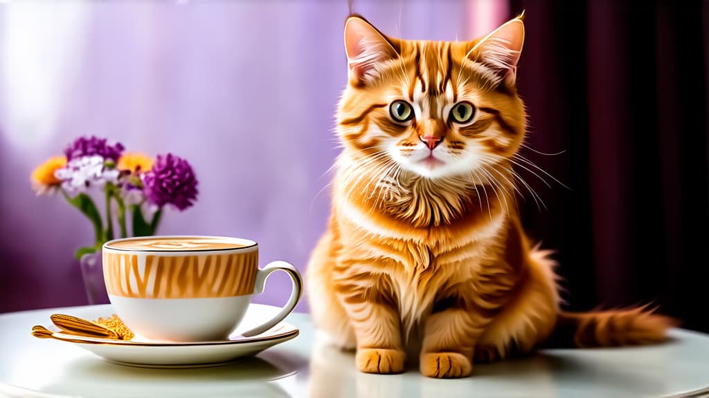  a cat sitting on a table next to a cup of coffee, a pastel, romanticism, purple orange colors, still life with flowers, festival of rich colors, portrait image, very orange, autumn, lut, tea party, monochrome color, portrait of small, excellent composition, beautiful wallpaper, harmony of ar 16:9 {prompt}, maximum details