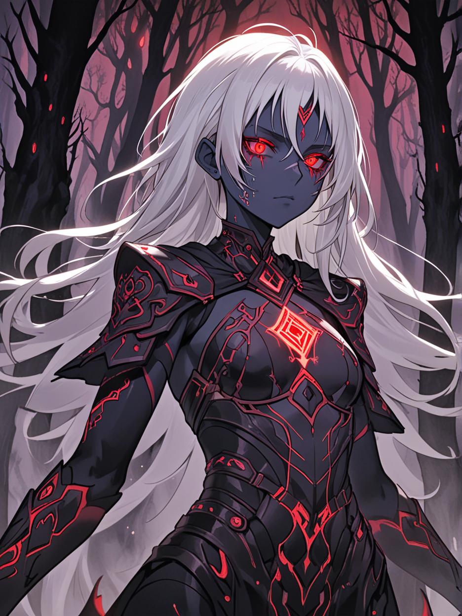  manga artwork an anime photo of a female sorceress wearing a mix of matte black metal with armor of iridescent synthetic cloths. the woman has long white hair, luminescent red eyes, gray skin, and luminescent red scars on her face. the figure is wrapped in a dark garment engraved with runes, woven with luminescent threads that pulsate with a dark red hue. below the garment, visible on the figure's neck and hands, are circuit shaped tattoos that pulsate with electric red energy, integrating seamlessly into the high tech design. the background of the photo is a dark, misty forest at night, with tall, gnarled trees and bioluminescent plants casting a mysterious light. the figure is a sentinel, exuding an aura of dark wisdom and arcane power, i