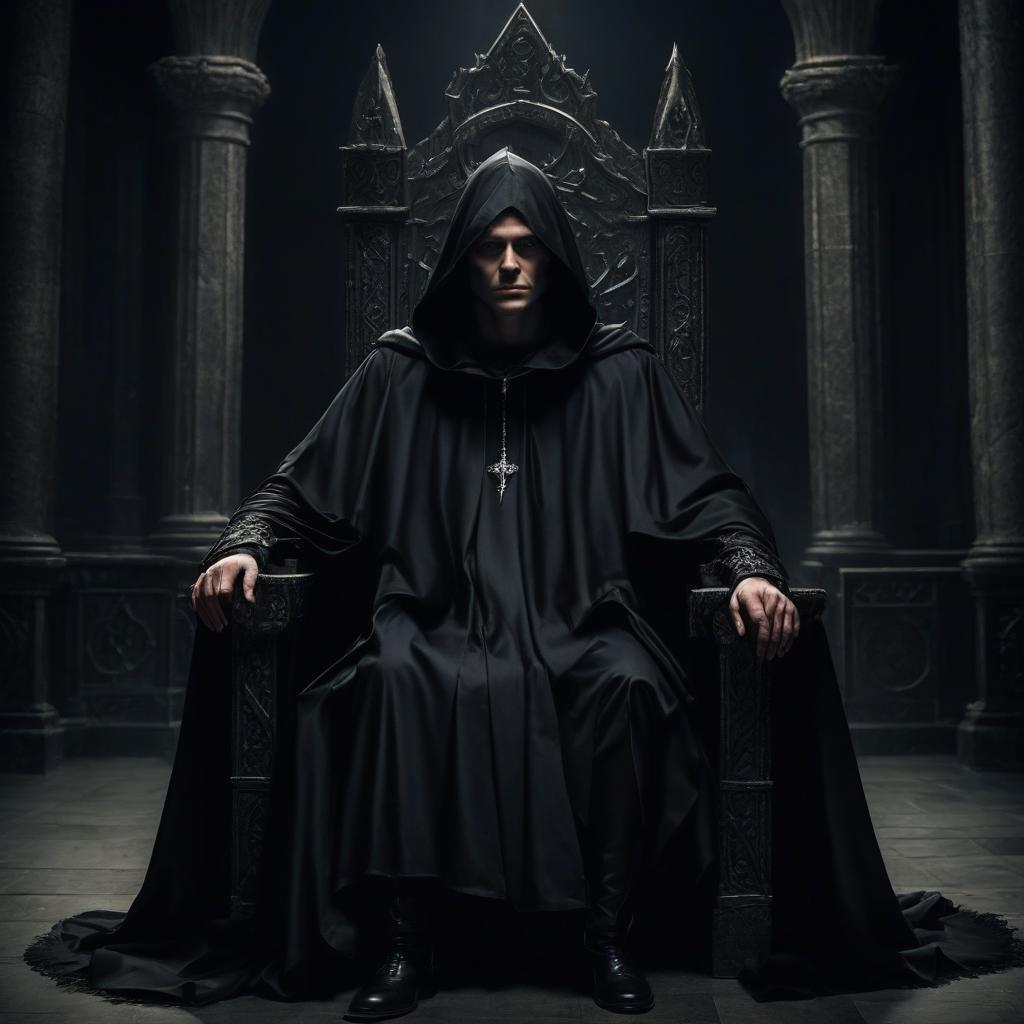  judge on the throne. black dungeon. a man in a cloak and hood.