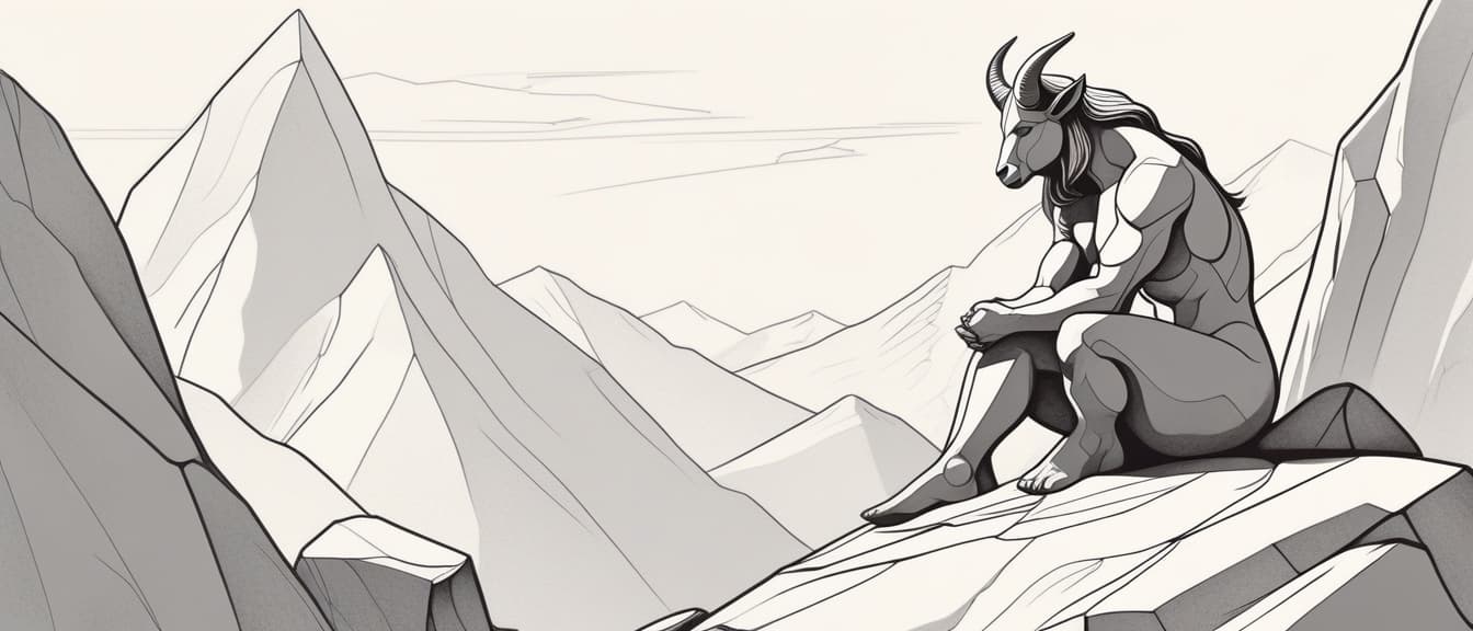  minimalism, draw a girl minotaur sitting on the rock in the mountains, abstract, simple geometic shapes, hard edges, sleek contours, minimalism