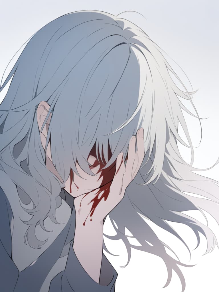  a close up of a young character with long,messy hair,looking down with a distressed expression. their hands are raised to their face,desperately trying to stop a heavy nosebleed. blood is streaming down from their nose,staining their hands and dripping onto their clothes. the character is hunched over slightly,their hair partly covering their eyes,casting a shadow over their face,adding to the dramatic tension.the color palette is muted with stark contrasts,emphasizing the redness of the blood. the background is abstract,fading into obscurity to keep the focus on the character's emotional struggle.