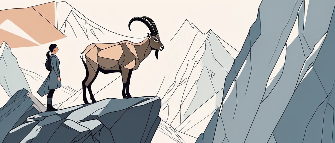  minimalism, mountain ibex and a girl are staying on the rock in the mountains, abstract, simple geometic shapes, hard edges, sleek contours, minimalism